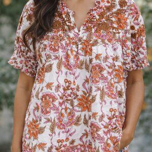 Sister Mary Floral Embroidered V-Neck Pullover Boho Cottagecore Top Large